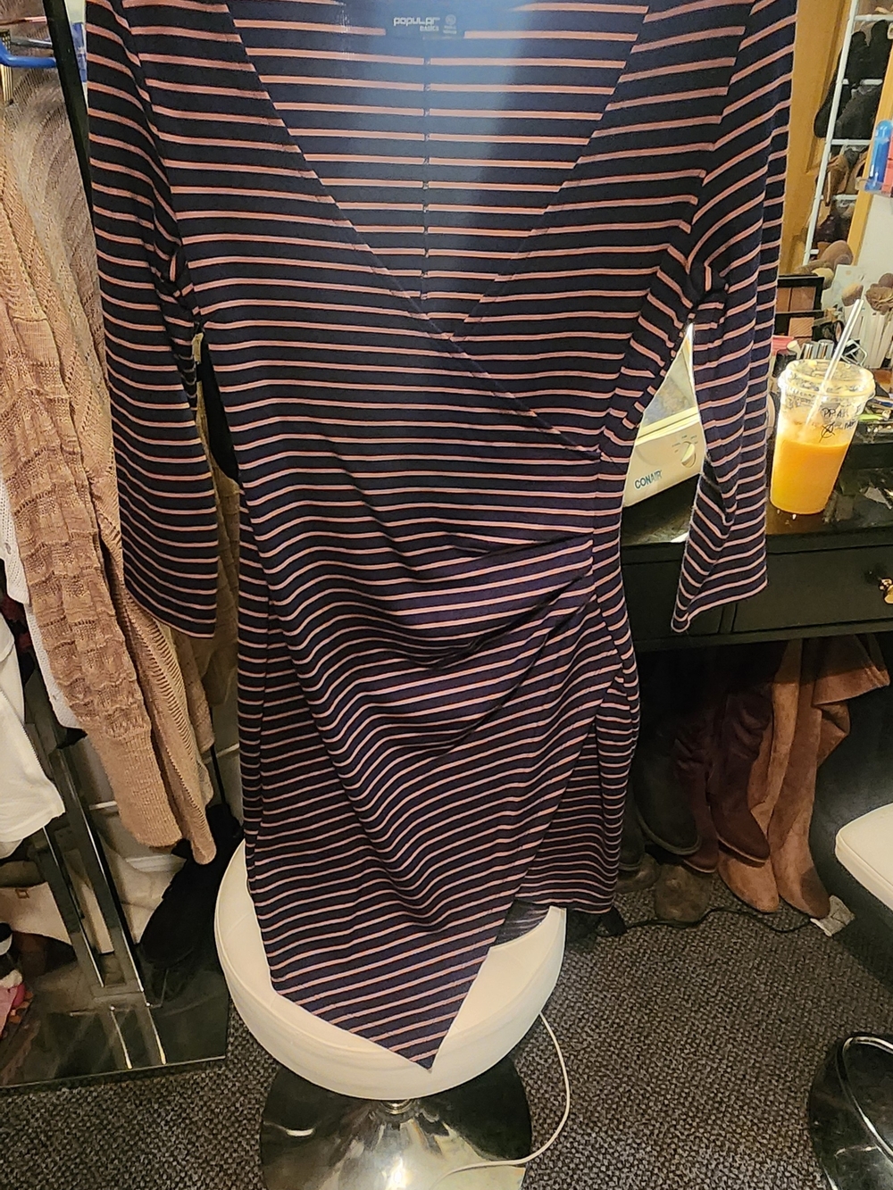 Striped Wrap-Style V-Neck Dress - Black & Gold